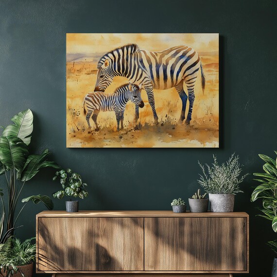Zebra Print Canvas Art On Wall Watercolor Painting Of Mother Young Zebras Animal Wildlife Home Decor Living Room