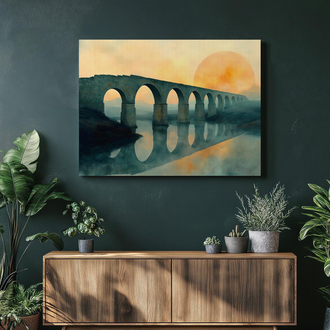 Ancient Aqueduct Arched Bridge Sunset Reflection Landscape Poster