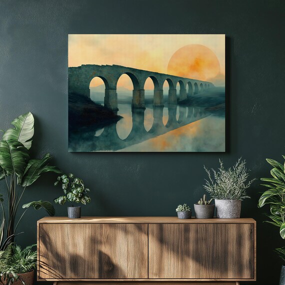 Ancient Aqueduct Arched Bridge Sunset Reflection Landscape Poster