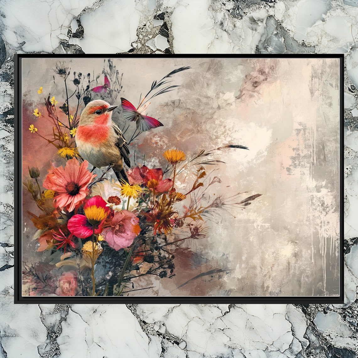Rosefinch Bird with Pink Wildflowers and Butterflies Floral Poster