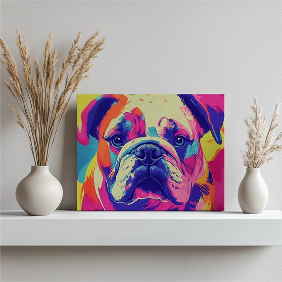 Colorful English Bulldog Canvas Print Vibrant Dog Portrait Wall Art Contemporary Pet Illustration Decor For Living Room Home Office