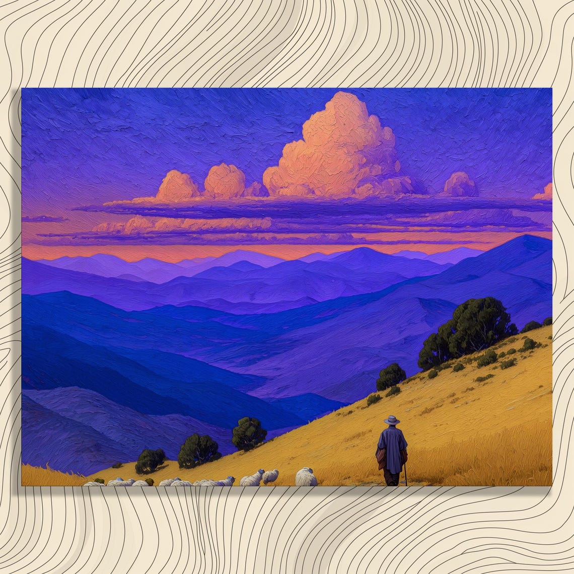 Pastoral Shepherd With Sheep Golden Hills Sunset Mountain Wall Art