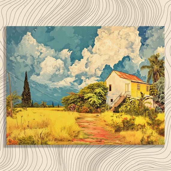 Rustic Countryside Canvas Wall Art Vintage House Scene Print With Dramatic Sky And Blue Yellow Accents For Home Decorators