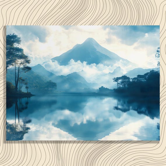 Serene Mountain Canvas Wall Art Misty Lake Reflection Landscape Decor Print Minimal Nature Artwork Home Gift Collectors