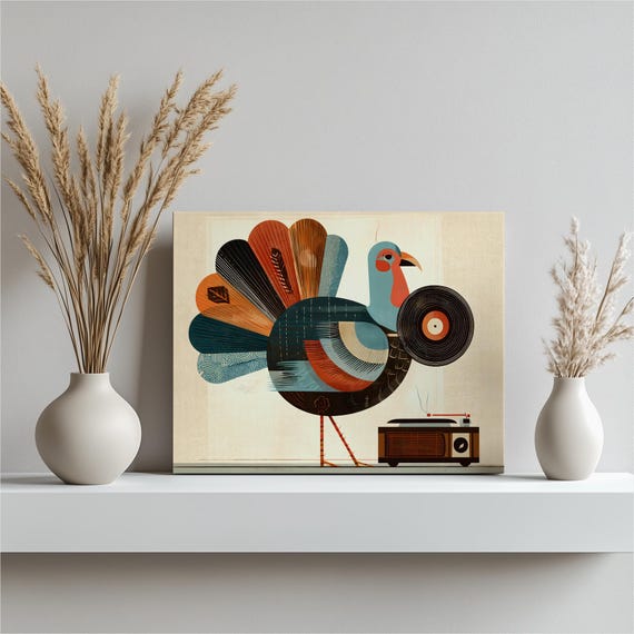 Retro Turkey Canvas Wall Art Mid Century Modern Vinyl Record Bird Illustration Player Print Thanksgiving Decor Music Gift