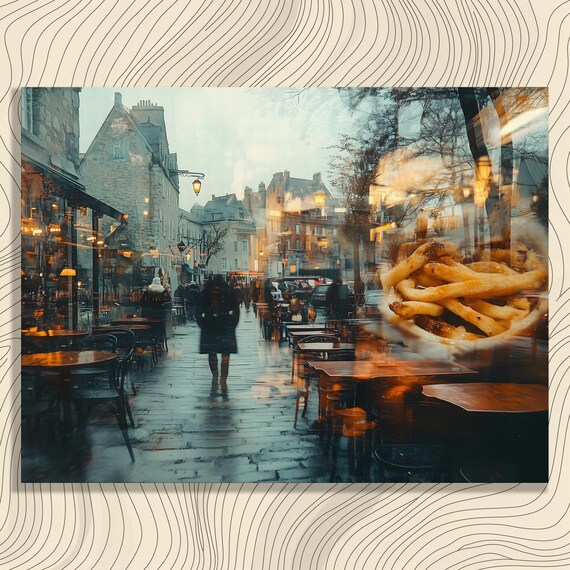 Surreal Urban Cafe Canvas Wall Art Reflective Cityscape Evening Decor Print For Enthusiasts Dwellers Cozy Warm Lighting