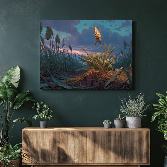 Golden Wheat Stalk Canvas Wall Art Field Sunset Painting Landscape Decor Rustic Farmhouse Nature Print Dramatic Dusk Sky
