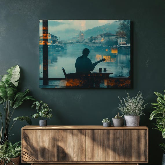 Bosnian Cafe Guitarist Canvas Wall Art Misty Stone Bridge River Cityscape Window Silhouette European Travel Decor Music Lover Gift
