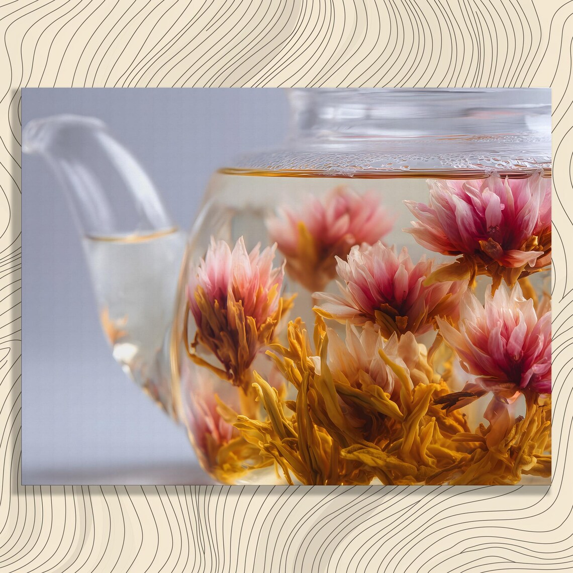 Blooming Tea Flower Glass Teapot Macro Photography Botanical Art Poster