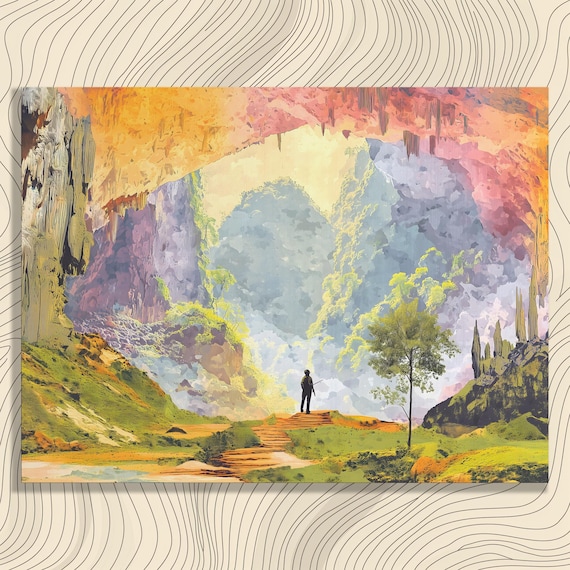 Surreal Cave Landscape Canvas Wall Art Abstract Colorful Painting Print Nature Decor Gift For Teens And Enthusiasts