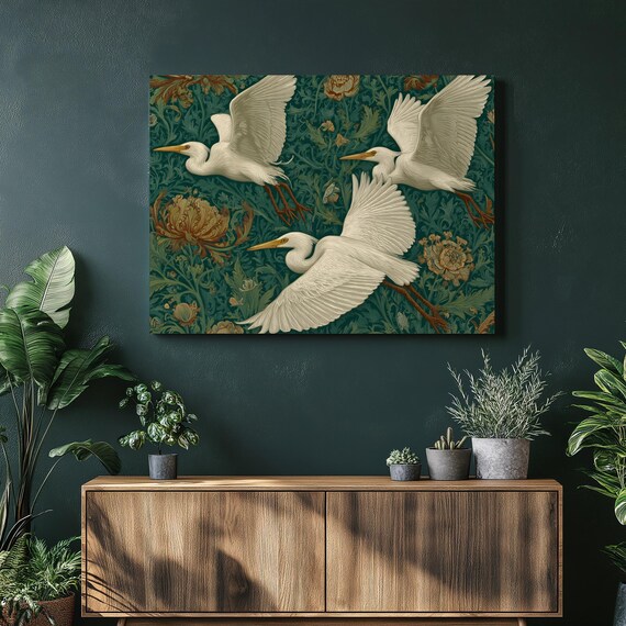 Egret Botanical Canvas Wall Art White Herons In Flight With Peony Blooms Leafy Green Foliage Vintage Pattern Wallpaper Nature Decor Print