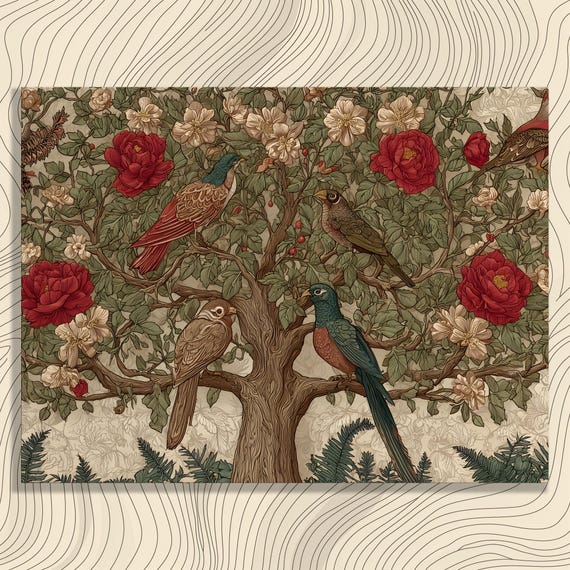 Art Nouveau Birds Canvas Wall Vintage Botanical Tree Print With Roses And Songbirds Nature Decor Painting Gift Floral Wildlife
