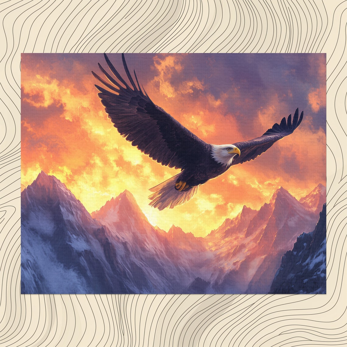 Majestic Bald Eagle Soaring Over Sunset Mountain Peaks Wall Poster