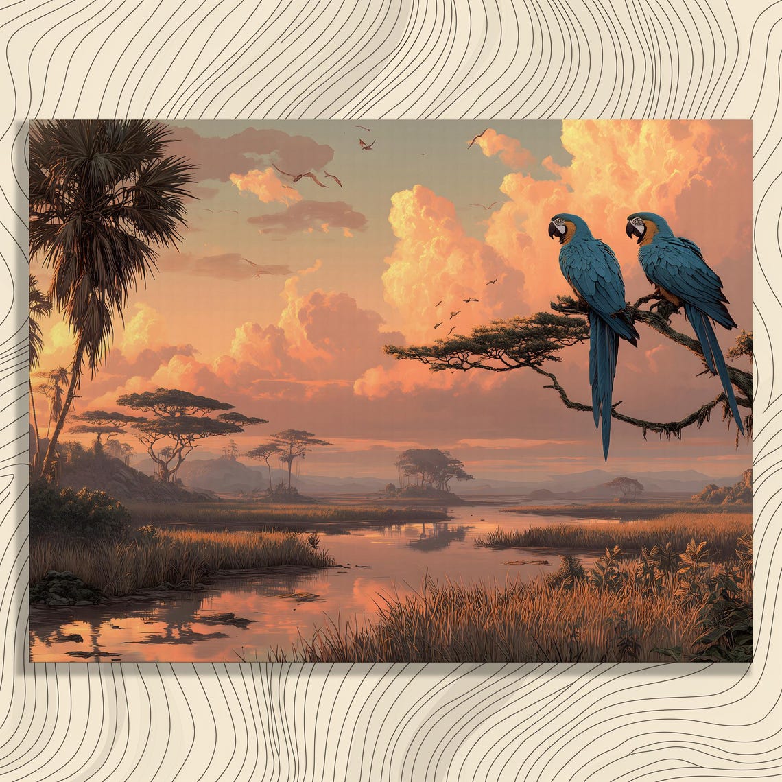 Blue Macaw Pair Sunset Wetland Perched Branch Tropical Bird Wall Art