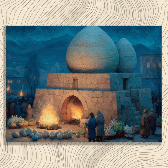 Bonfire Village Celebration Canvas Wall Art Colorful Mountain Nowruz Spring Equinox Painting Print Rustic Festival Decor