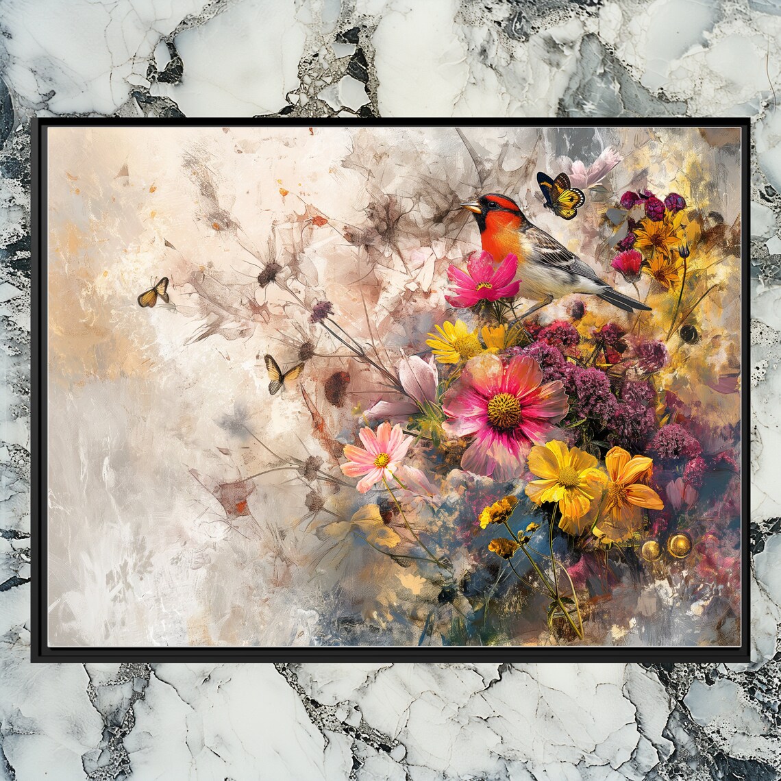 Red Breasted Songbird Among Wildflowers Butterflies Art Poster