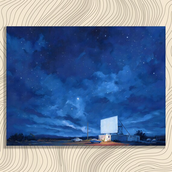 Spellbinding Drive In Theater Canvas Wall Art Artistic Starry Night Desert Scene With Vintage Car Retro Movie Cinematic Landscape Print