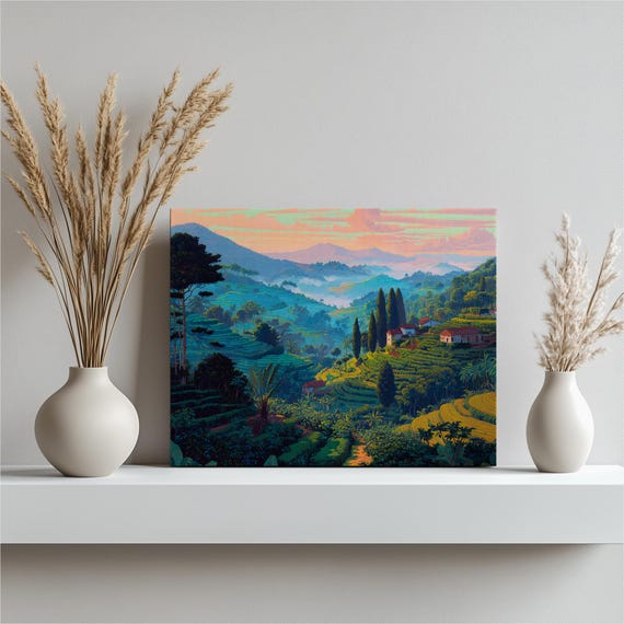 Colorful Terraced Landscape Canvas Wall Art Sunrise Mountain Rolling Hills Cypress Fields Print Farmhouse Decor Painting Gift
