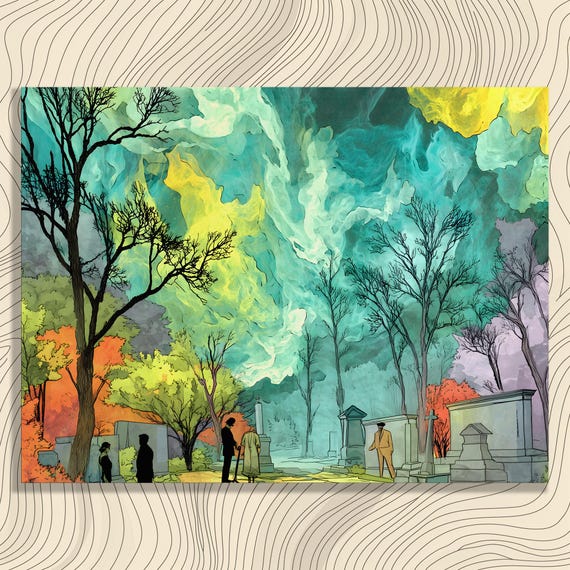 Cemetery Spirits Aurora Canvas Wall Art Ethereal Night Landscape With Luminous Figures