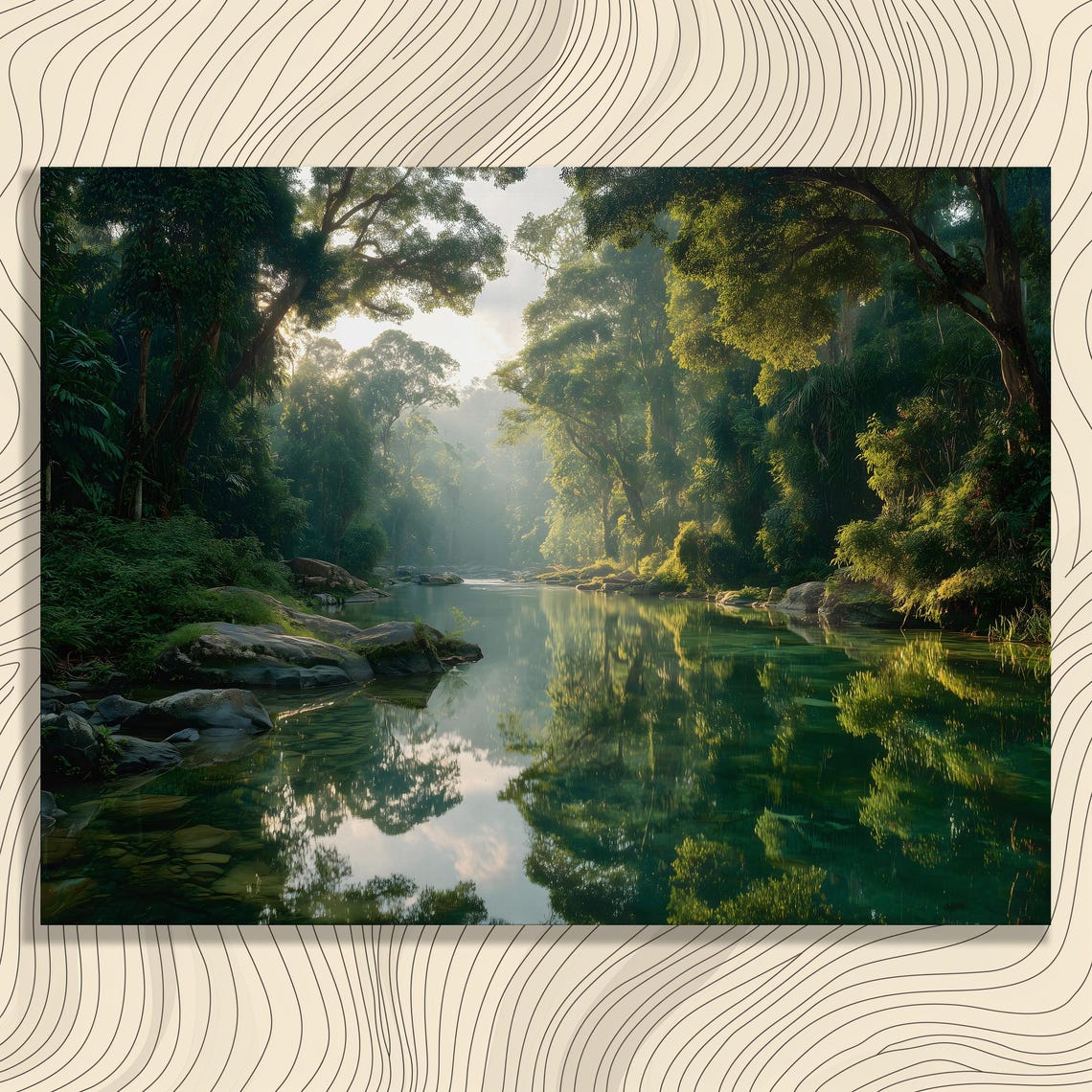 Serene Forest River Sunrise Misty Reflections Calm Nature Art Poster