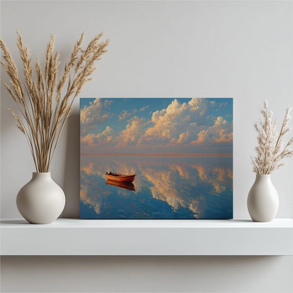 Serene Boat Sunset Canvas Wall Art Tranquil Reflective Lake Wooden Rowboat Minimalist Landscape Nature Photography Print Sky Clouds