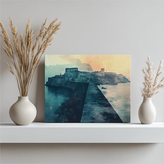 Cuban Coastal Fortress Canvas Wall Art Moody Seascape Walkway And Ocean Horizon Historic Stone Fort At Sunrise With Misty Shoreline Textu