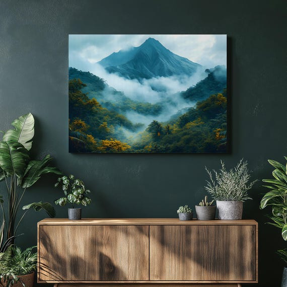 Misty Tropical Mountain Canvas Wall Art Forest Scenery Print Jungle Poster Rainforest Decor Cloudscape
