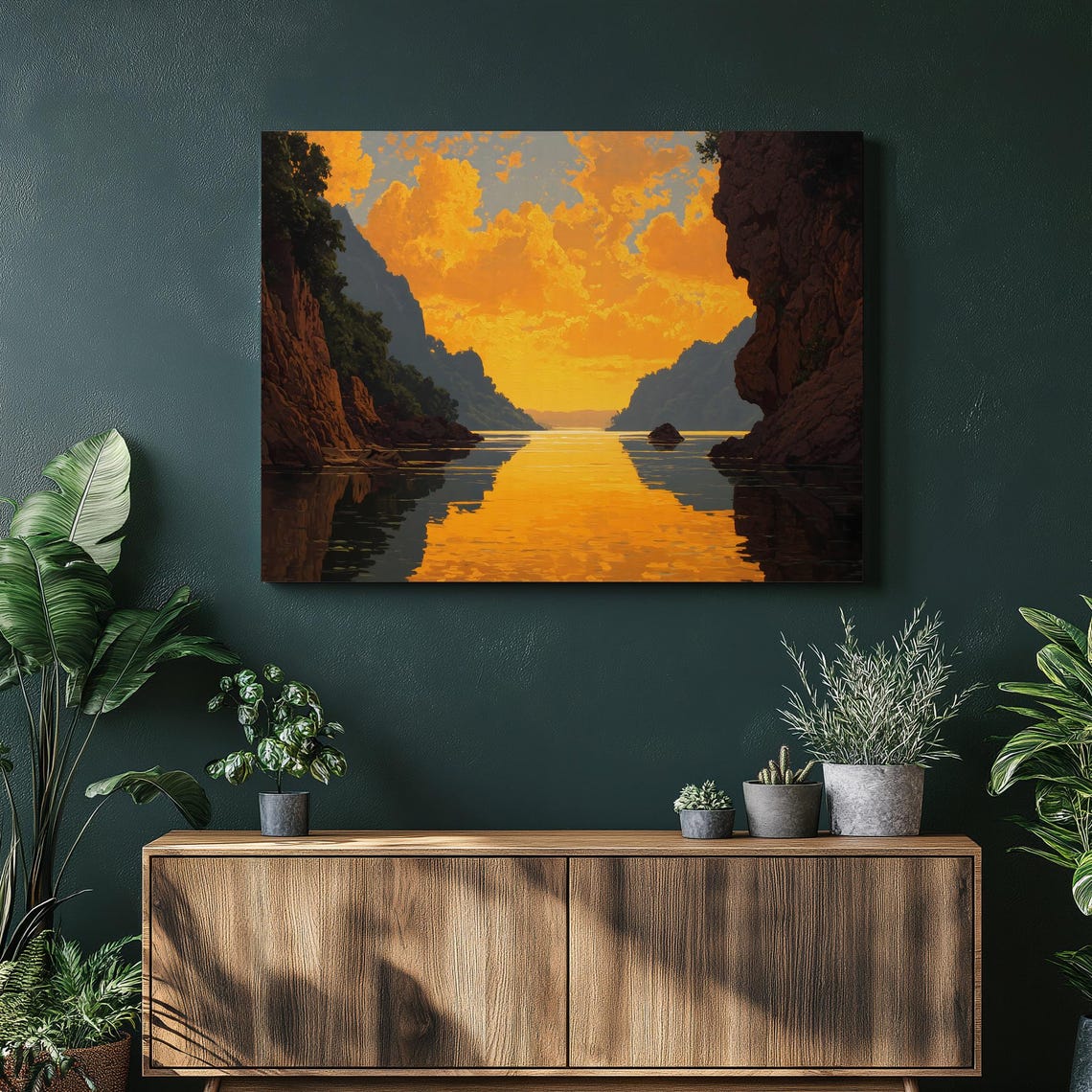 Golden Sunset Canyon Lake Cliffs Reflection Landscape Painting Poster