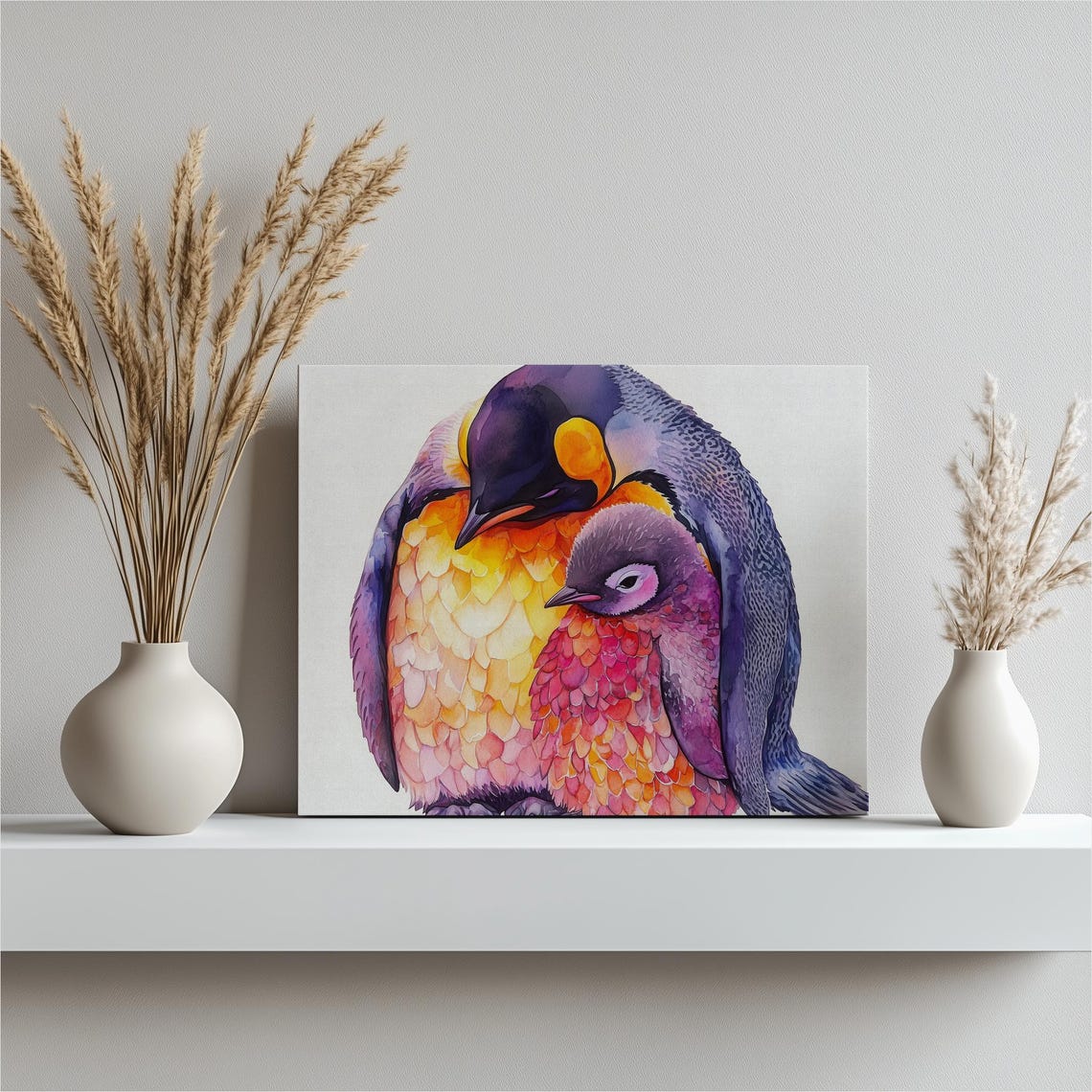 Penguin And Chick Colorful Watercolor Bird Wildlife Wall Art