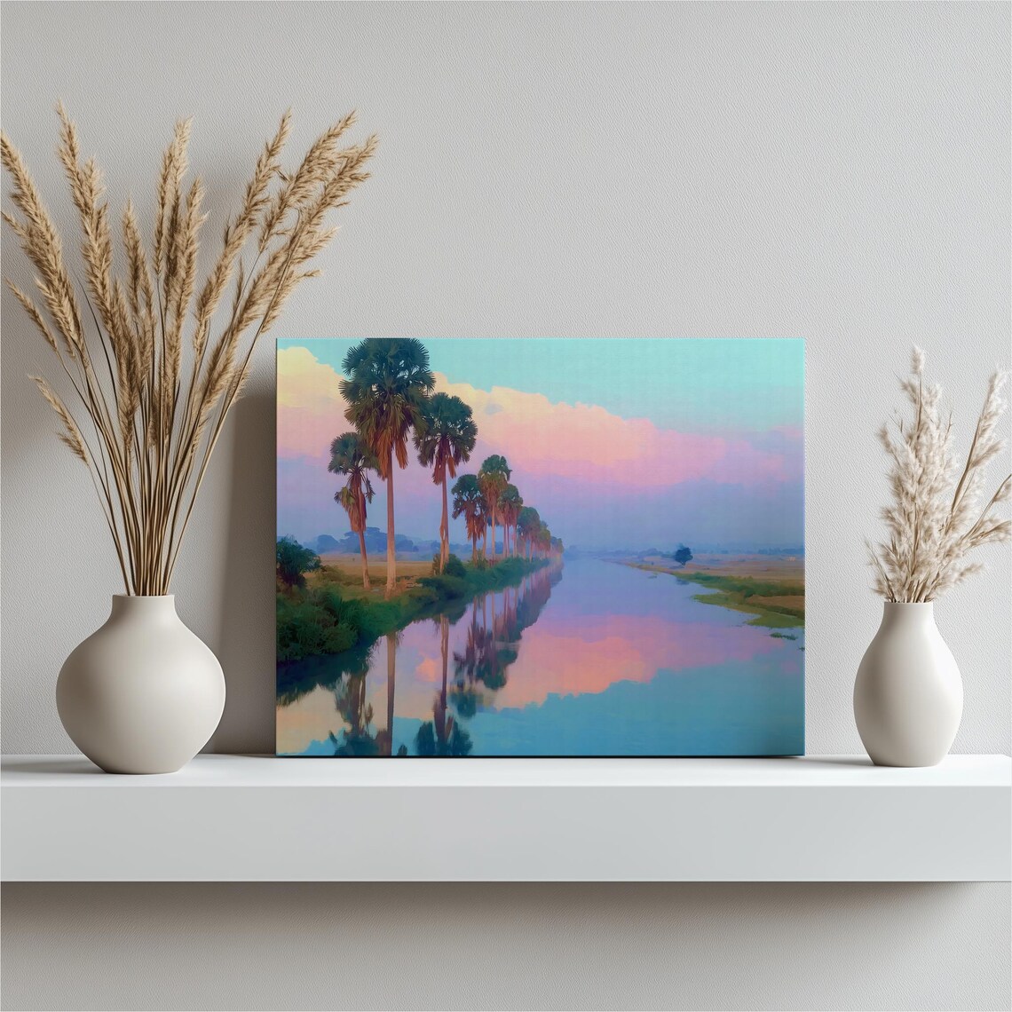 Palm Trees River Sunset Pastel Sky Tropical Coastal Landscape Art Poster