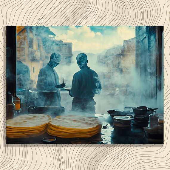 Moody Rustic Kitchen Canvas Wall Art Vintage Cooking Scene Steamy Flatbread Village Silhouette Print Decor Chef Gift For Enthusiasts