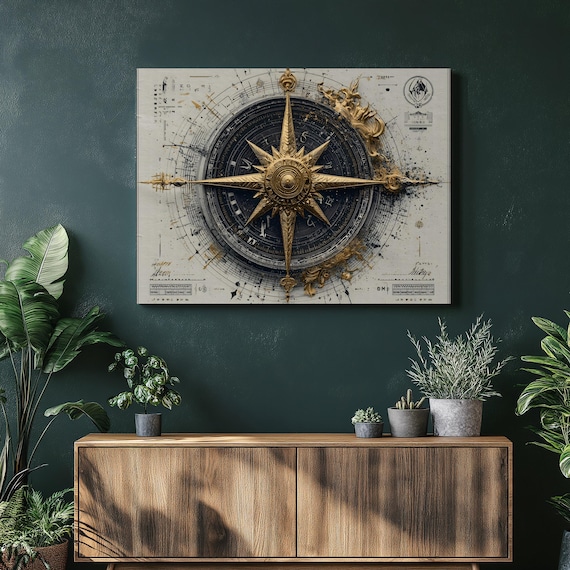 Golden Compass Rose Canvas Wall Art Vintage Nautical Chart Cartography Map Decor Black And Gold Navigation Print Gift For Travel Lovers