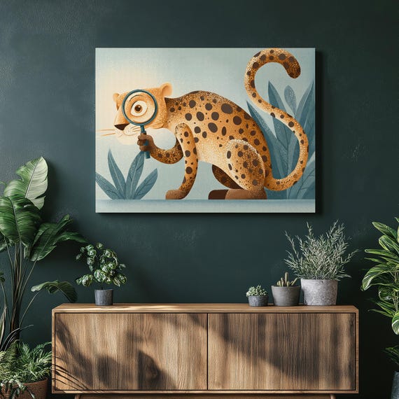Cheetah Detective Canvas Wall Art Leafy Jungle Wildlife Illustration With Magnifying Glass Curious Spotted Cat Safari Exploring Nature
