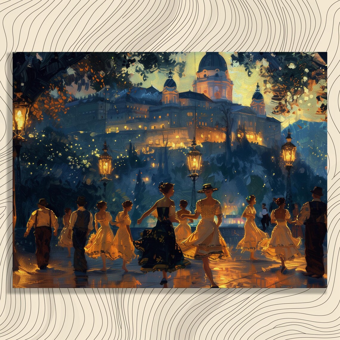 Hungarian Folk Dancers Night Scene Illuminated Church Painting Poster