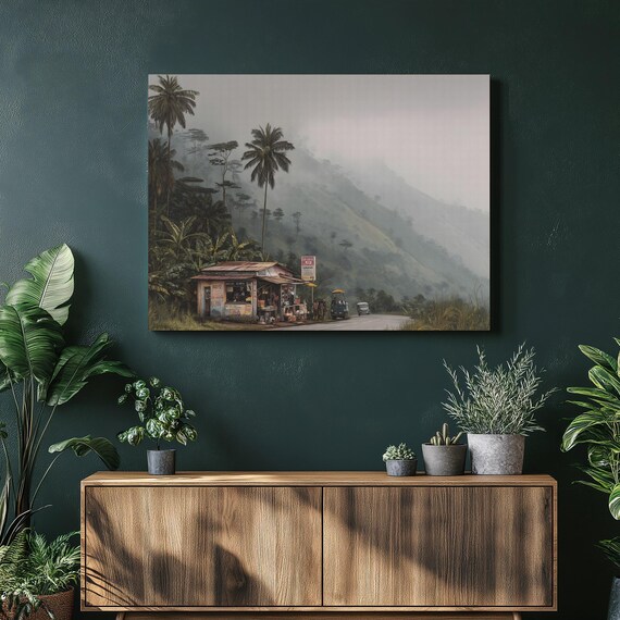 Misty Tropical Roadside Market Palm Trees Mountain Scenic Poster