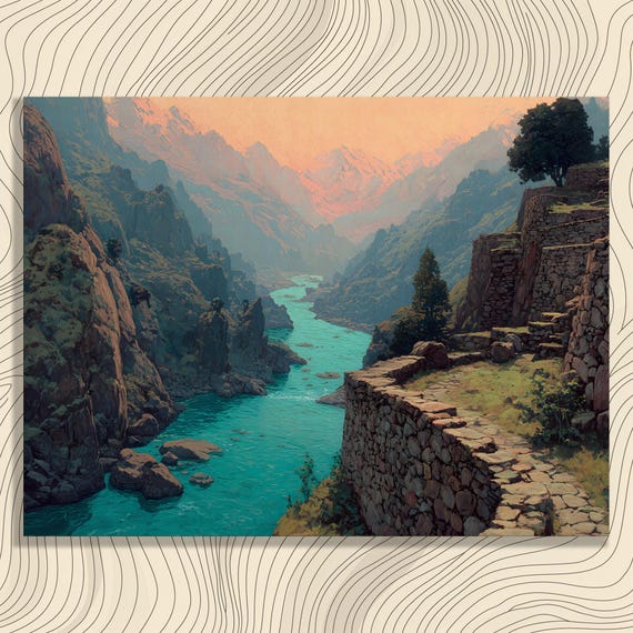Turquoise River Canyon Canvas Wall Art Rustic Classic Mountain Landscape Print Valley Painting Decor Nature Gift For Hikers