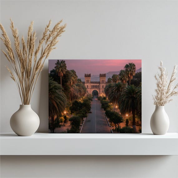 Historic Stone Gate Canvas Wall Art Sunset Palm Avenue Urban Print Travel Photo Architecture Decor Pink Sky Streetlight Road Mountain View