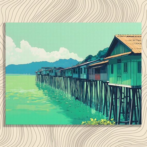 Serene Stilt Houses Canvas Wall Art Modern Tropical Landscape Painting Print Beach Watercolor Mountain Artwork Nature