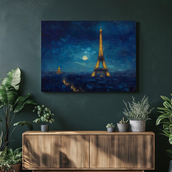 Paris Skyline Wall Art Eiffel Tower At Night Canvas Print With Moonlight City Lights Modern Home Decor For Living Room Bedroom
