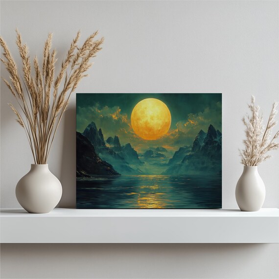 Giant Full Moon Lake Poster Surreal Golden Moon Over Mountain Water