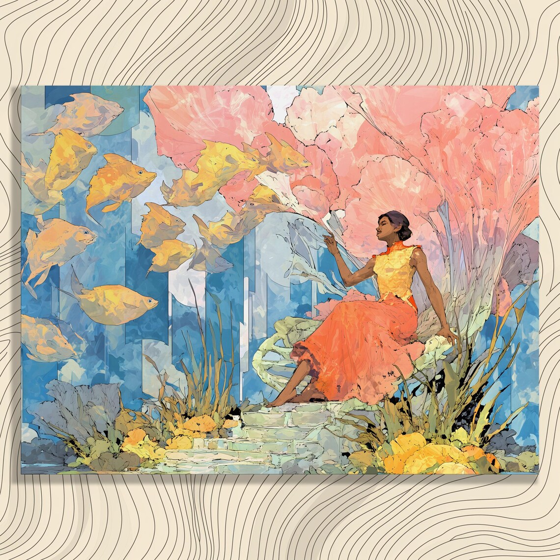 Underwater Woman Golden Fish Pink Coral Watercolor Sea Poster