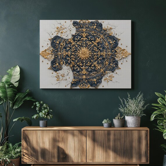 Abstract Mandala Canvas Wall Art Ornate Gold Filigree Medallion Symmetrical Pattern Baroque Style Luxury Decor Textured Plaster Design