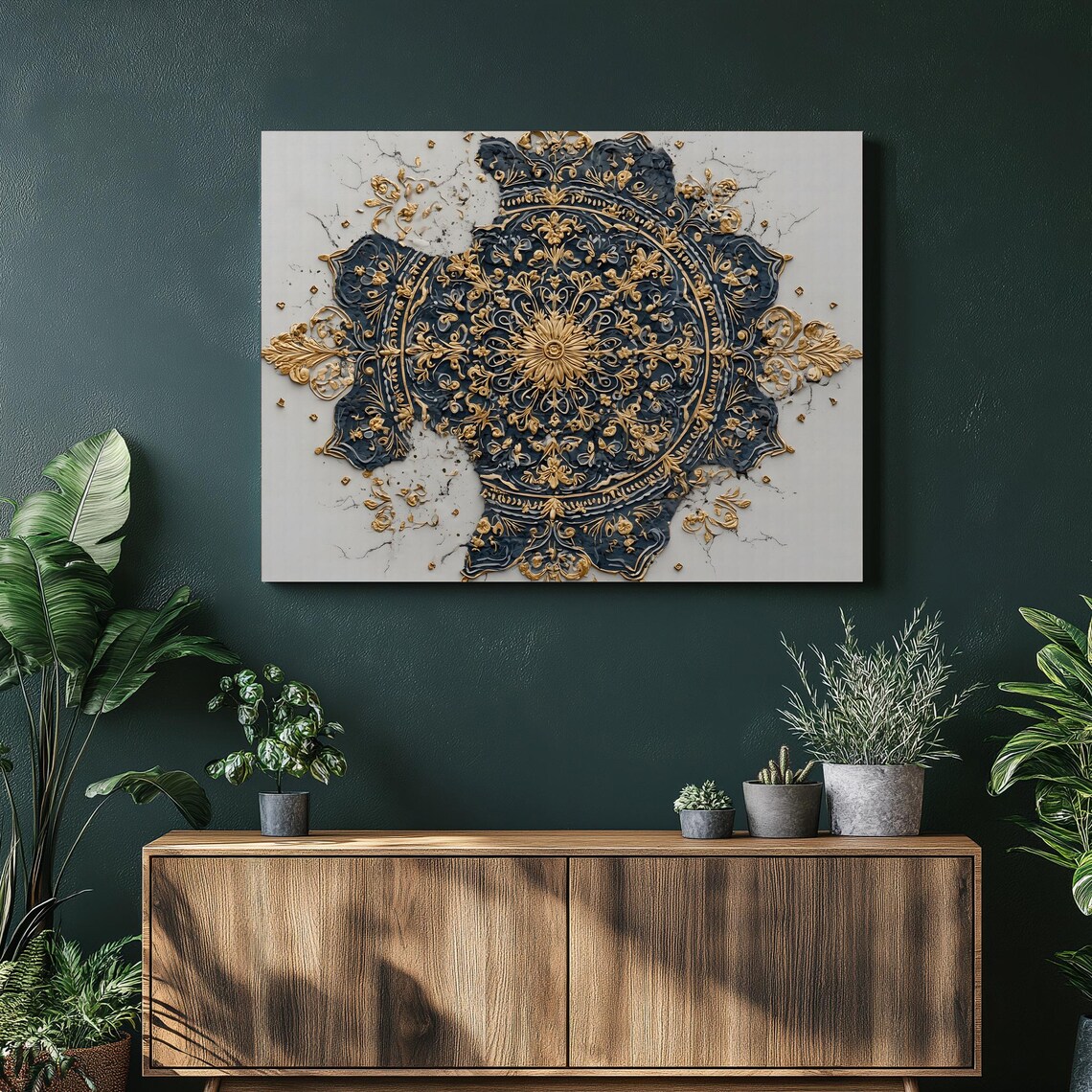 Abstract Mandala Canvas Wall Art Ornate Gold Filigree Medallion Symmetrical Pattern Baroque Style Luxury Decor Textured Plaster Design