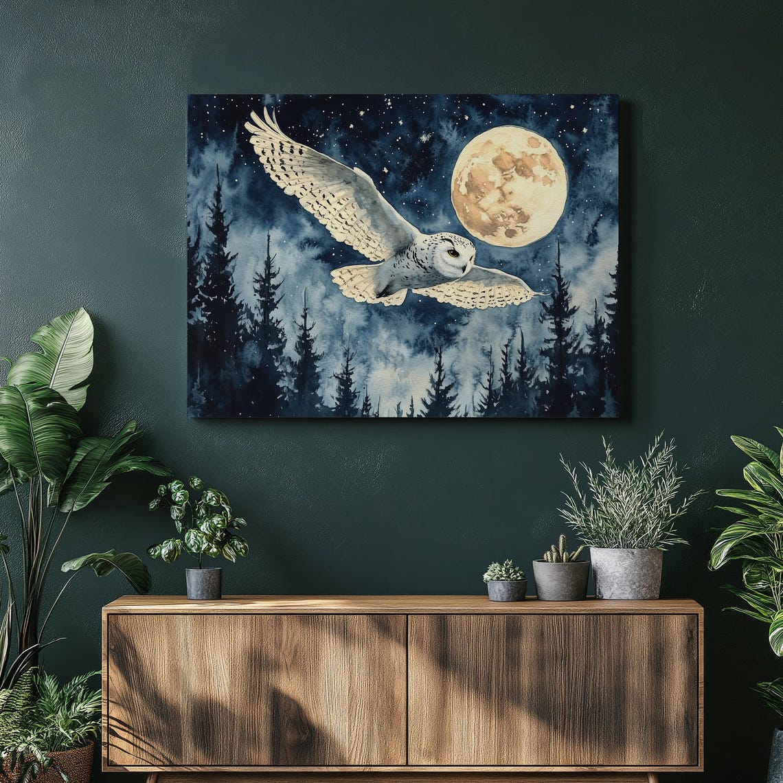 Snowy Owl Flying Beneath A Bright Full Moon Over Night Forest Print