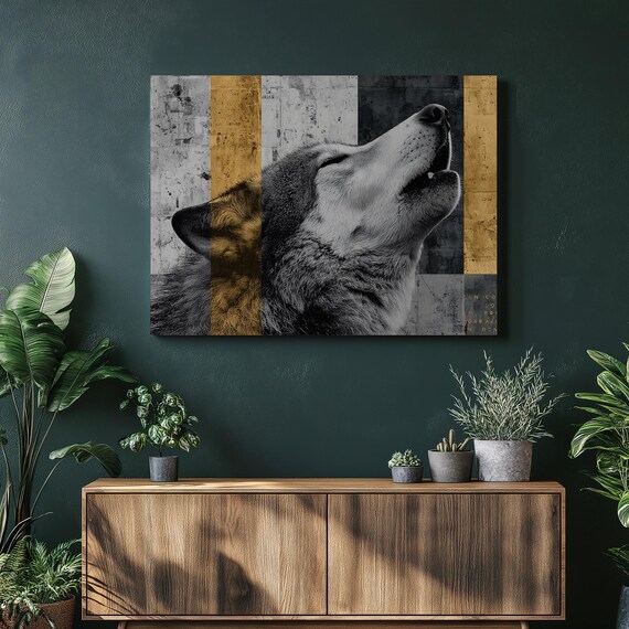 Howling Wolf Canvas Wall Art Abstract Black And White Silhouette With Gold Accents