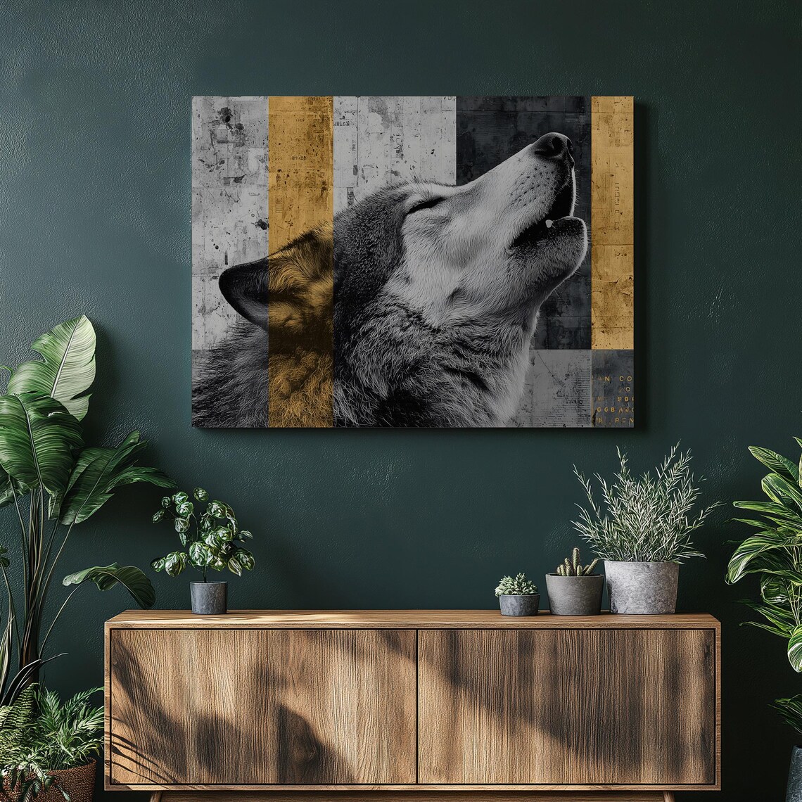 Howling Wolf Canvas Wall Art Abstract Black And White Silhouette With Gold Accents