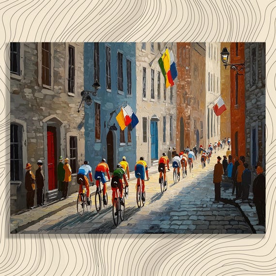 Cycling Race Canvas Wall Art Urban Cobblestone Lane Painting Print Bicycle Racing Decor Historic City Architecture Impressionist Gift