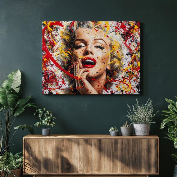 Modern Pop Portrait Canvas Wall Art Splatter Painting Abstract Face Celebrity Blonde Woman In Red Yellow Print