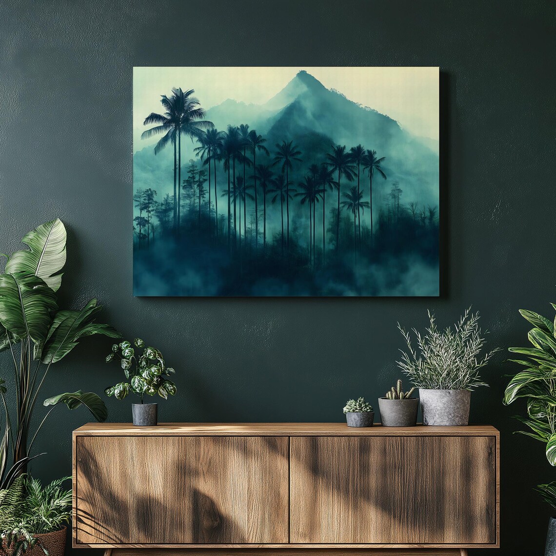 Misty Tropical Palm Mountains In Fog Teal Jungle Landscape Poster