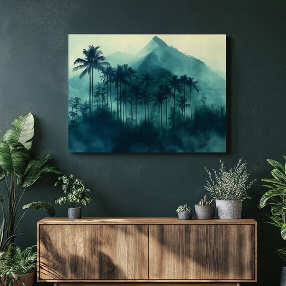 Cocora Valley Palms Canvas Wall Art Misty Tropical Mountain Landscape In Fog Teal Jungle Scenery Print For Serene Nature Decor